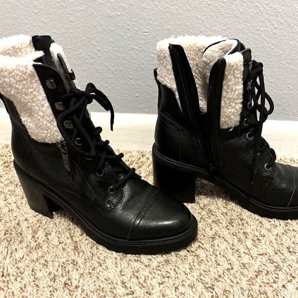 Marc Fisher Lace-Up Heeled Lansley Combat 8.5 Work Boot Shearling Lining Black - Picture 2 of 9